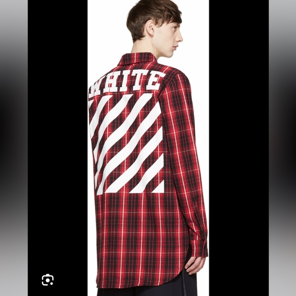 Off-White Red Black Plaid Check Flannel Buttoned Down Extra Long Shirt Size S - Picture 2 of 15